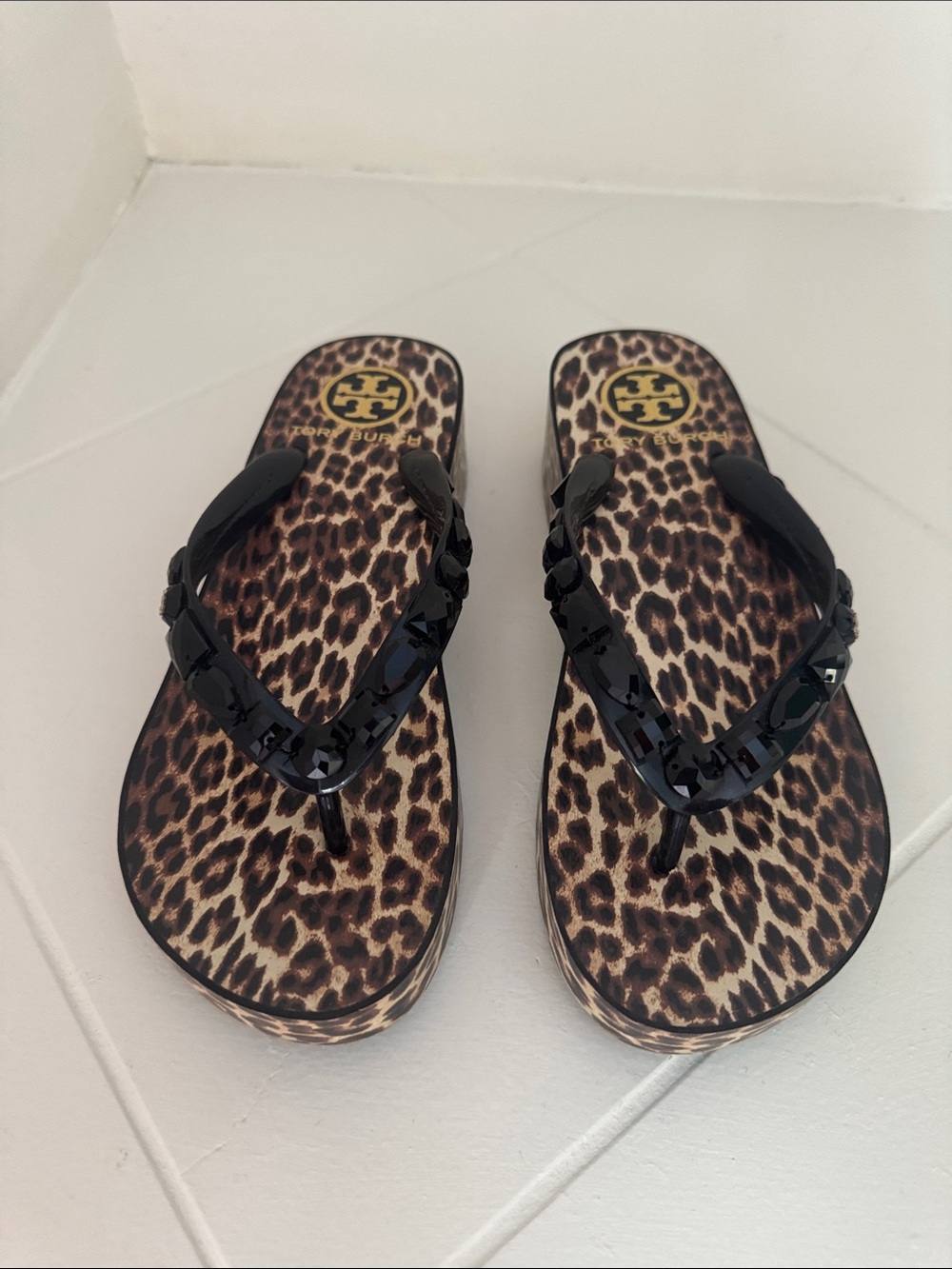 Tory Burch Leopard Print Wedge Sandals with Black Rhinestone Straps Size 6